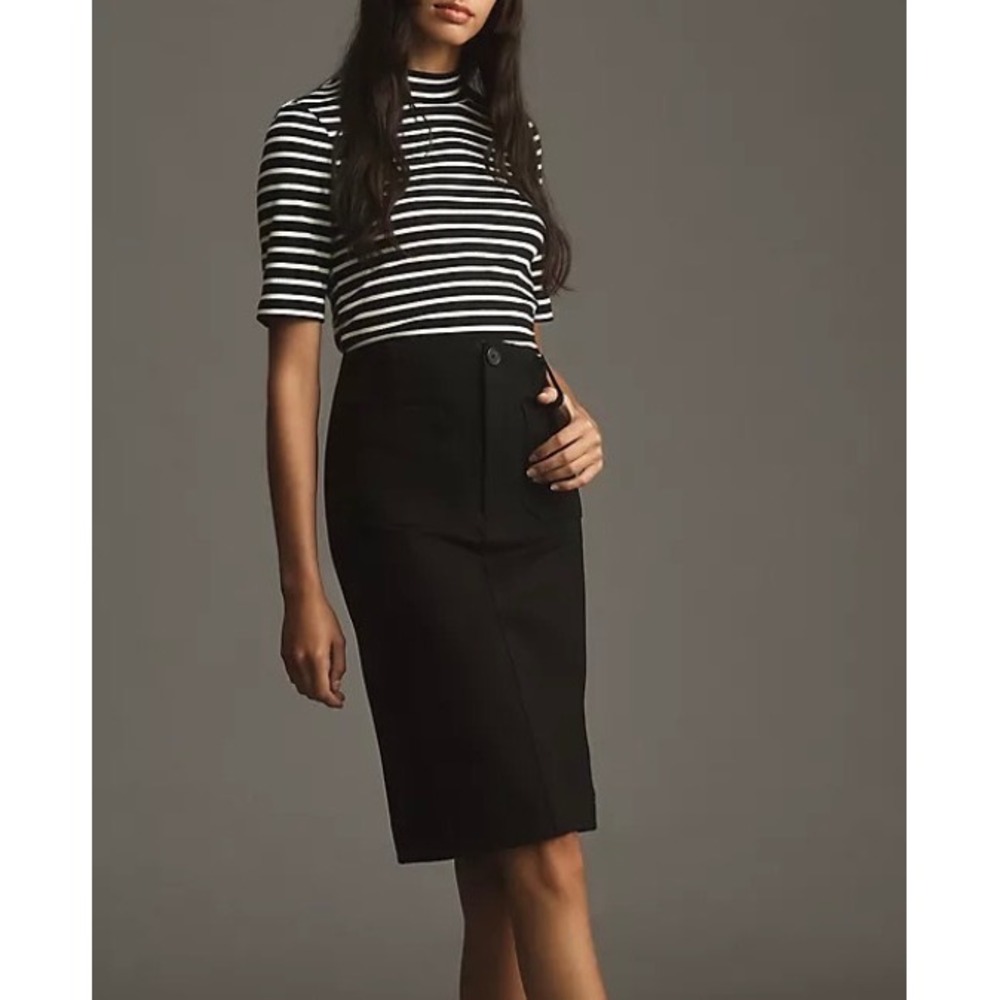 Maeve Anthropologie Black Ponte Pencil Skirt Patch Pockets Large Workwear Midi